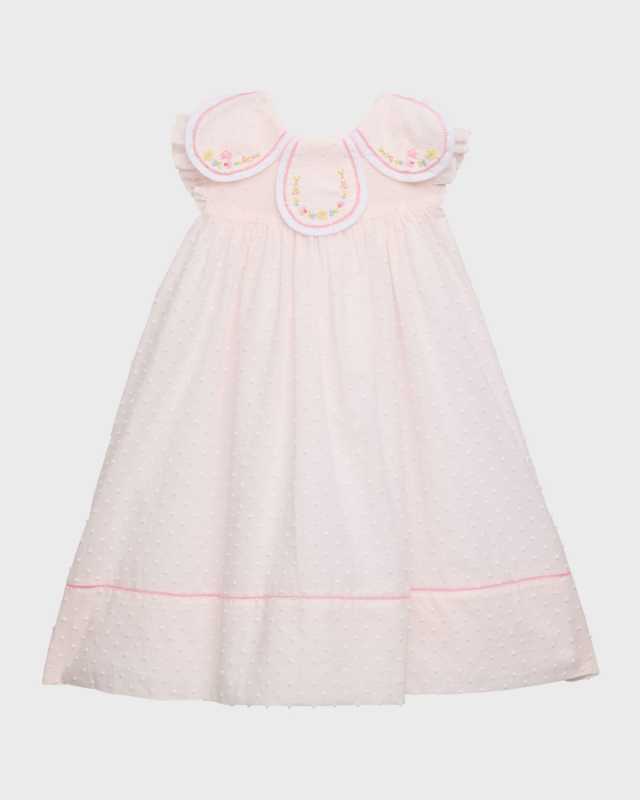 Girl's Floral-Trim Swiss Dot Dress, Size 3M-24
